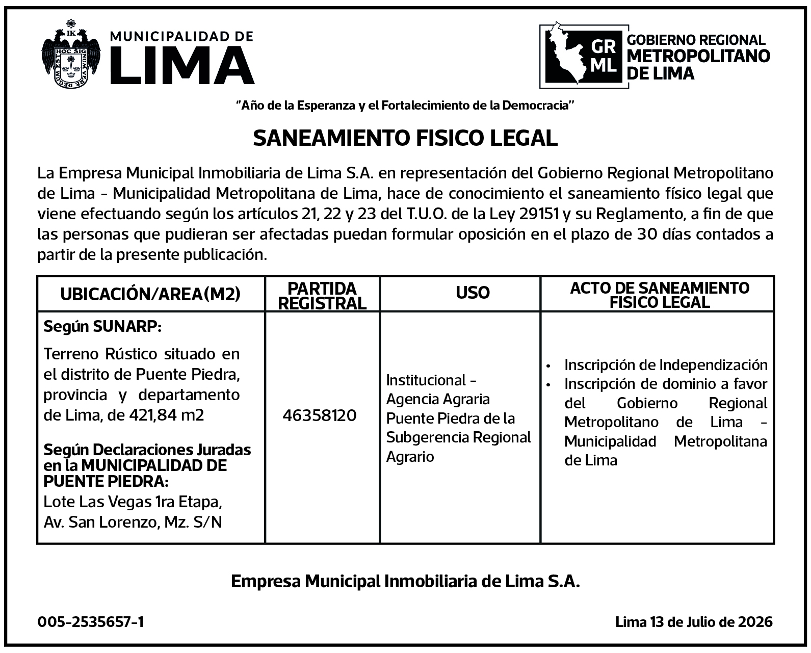 SANEAMIENTO FISICO LEGAL DE LA AGENCIA AGRARIA PUENTE PIEDRA