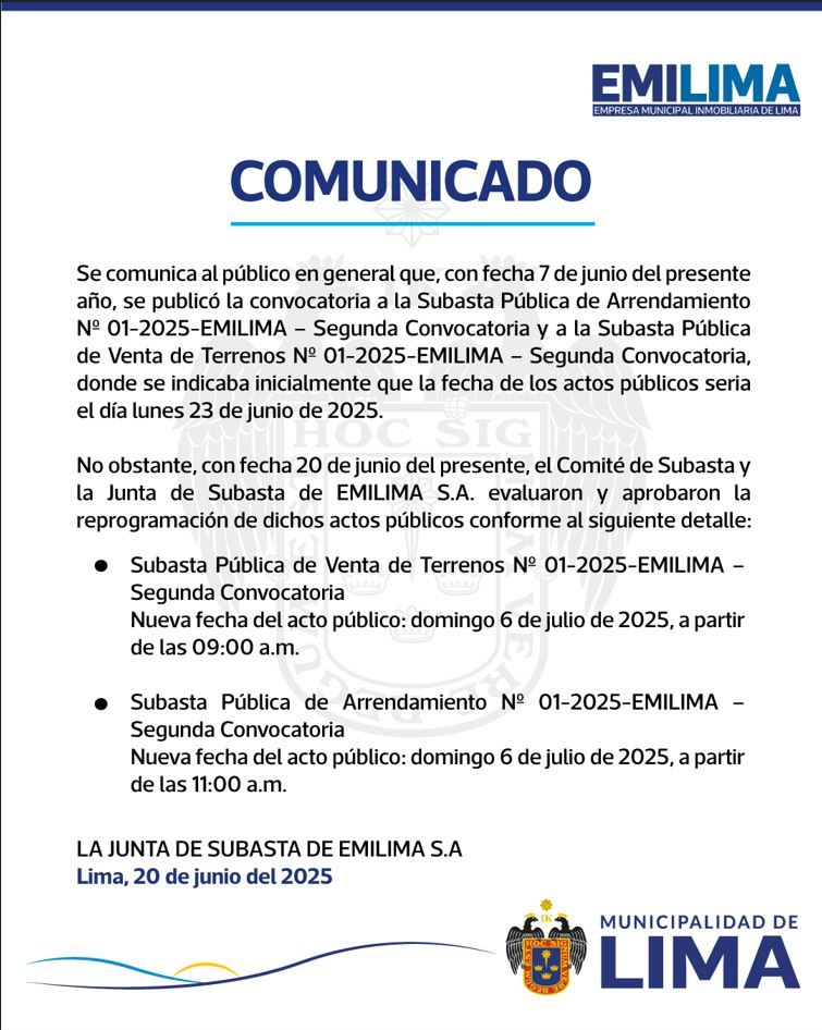 COMUNICADO DE LA JUNTA DE SUBASTA