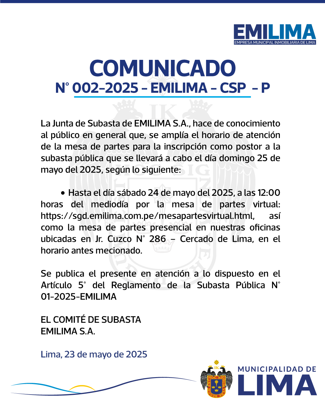 COMUNICADO N°002-2025-EMILIMA-CSP-P