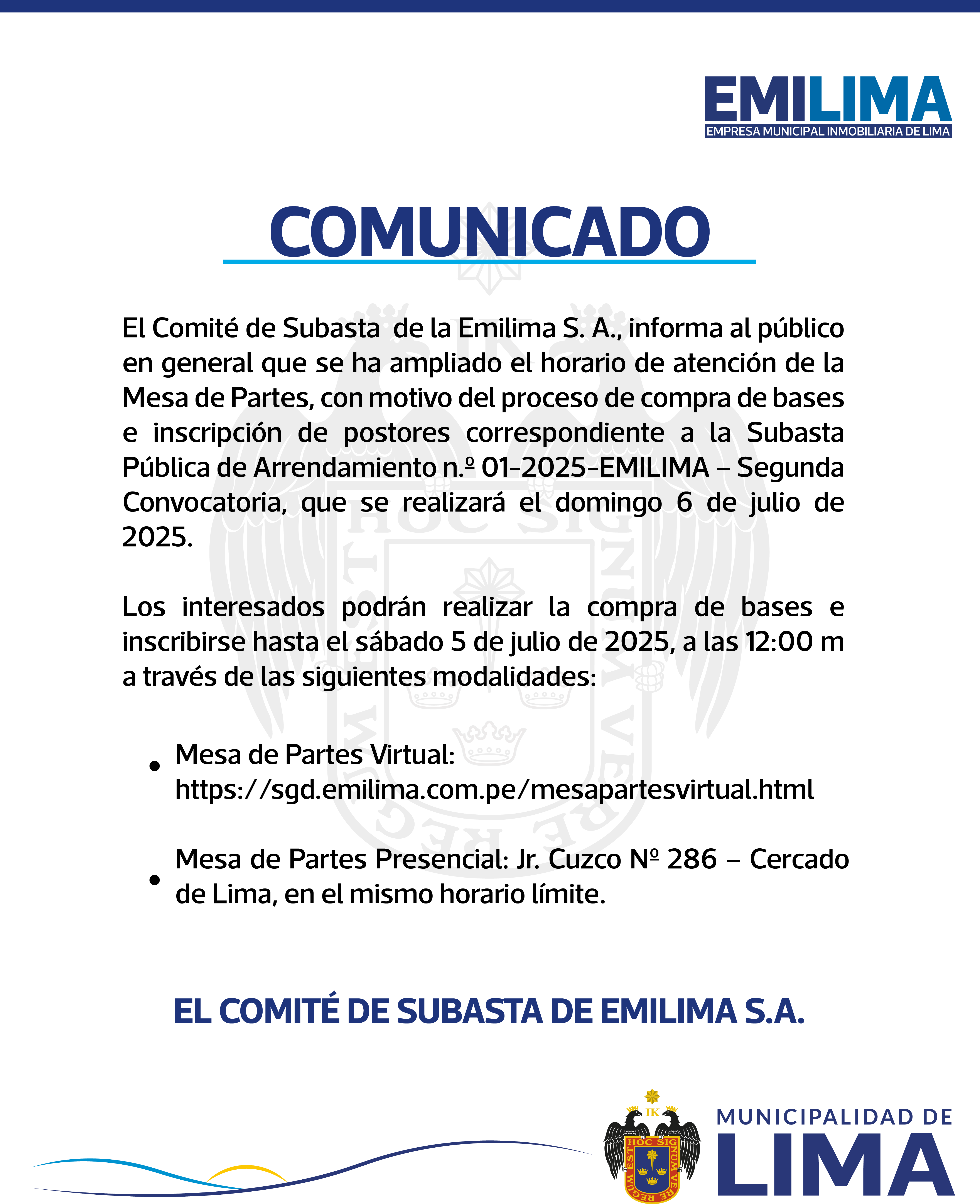 COMUNICADO DE AMPLIACIÓN DE VENTA DE BASES - 2DA CONVOCATORIA EMILIMA