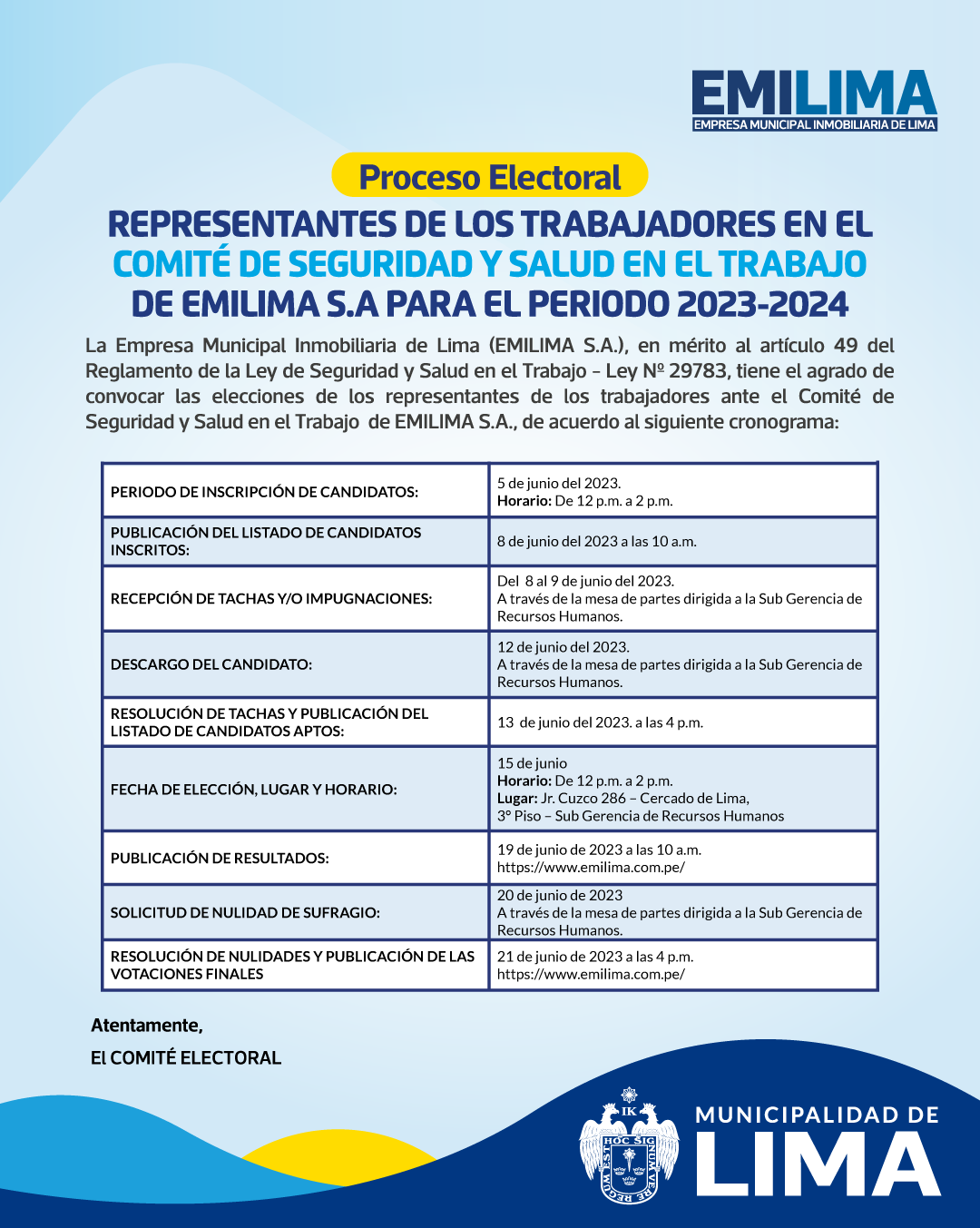 PROCESO ELECTORAL DE LOS REPRESENTANTES DE LOS TRABAJADORES EN EL COMITÉ DE SEGURIDAD Y SALUD EN EL TRABAJO DE EMILIMA S.A PARA EL PERIODO 2023-2024