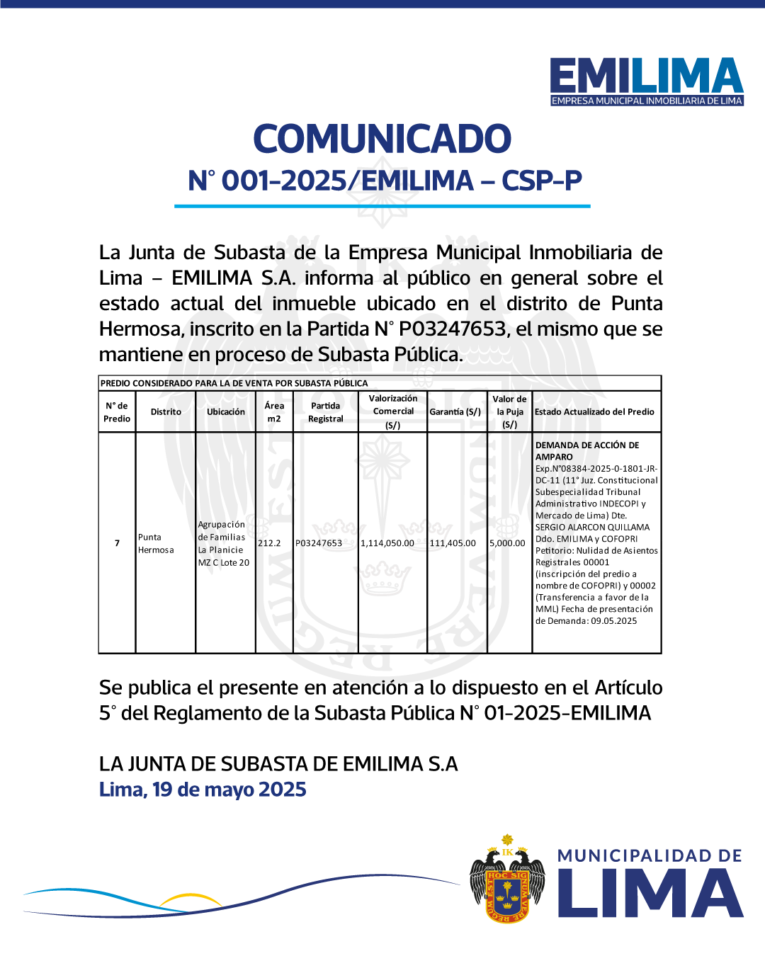 COMUNICADO N° 001-2025/EMILIMA – CSP-P